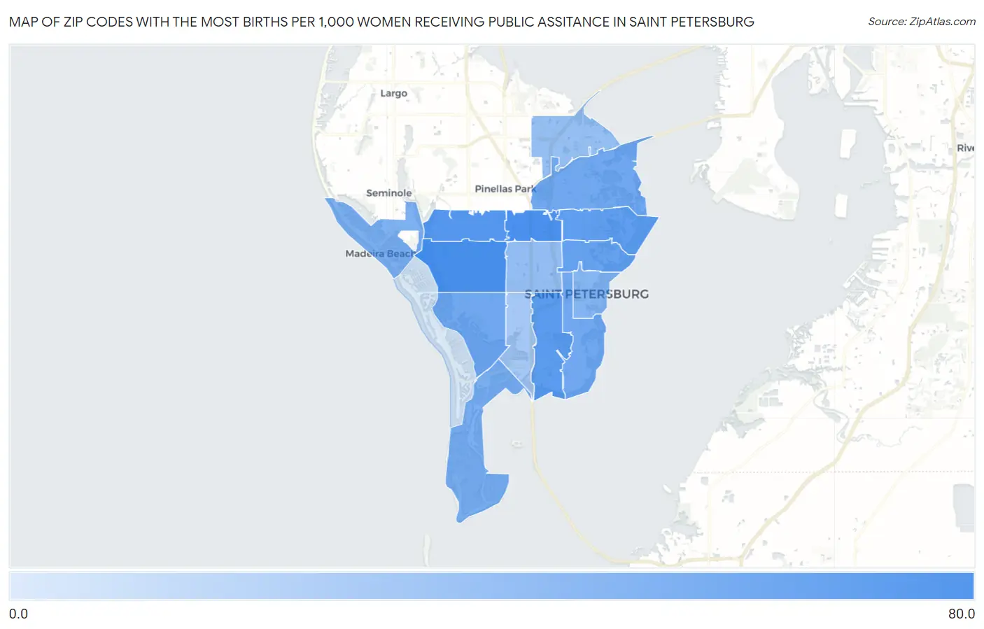Zip Codes with the Most Births per 1,000 Women Receiving Public Assitance in Saint Petersburg Map