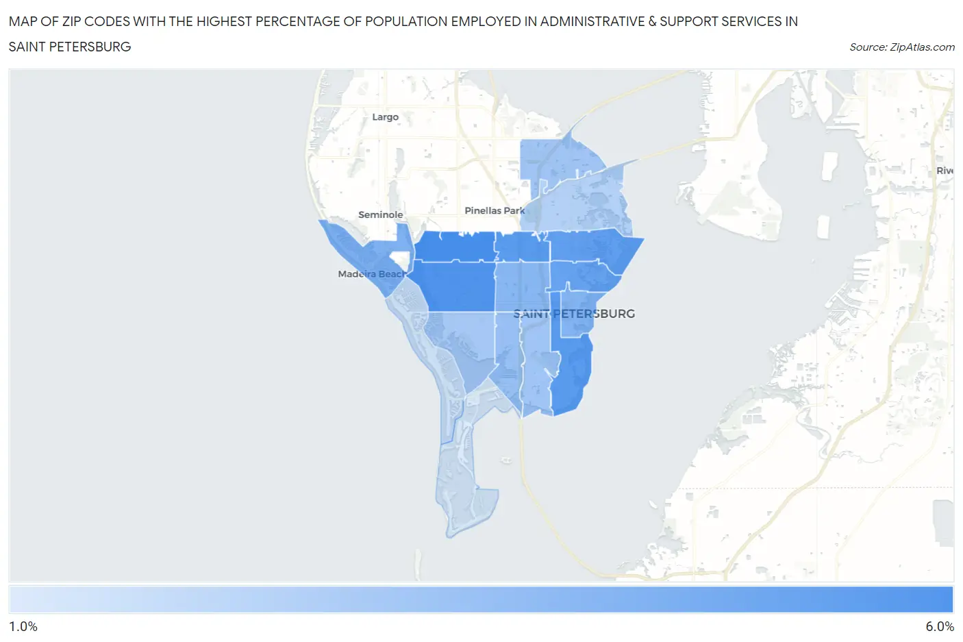 Zip Codes with the Highest Percentage of Population Employed in Administrative & Support Services in Saint Petersburg Map