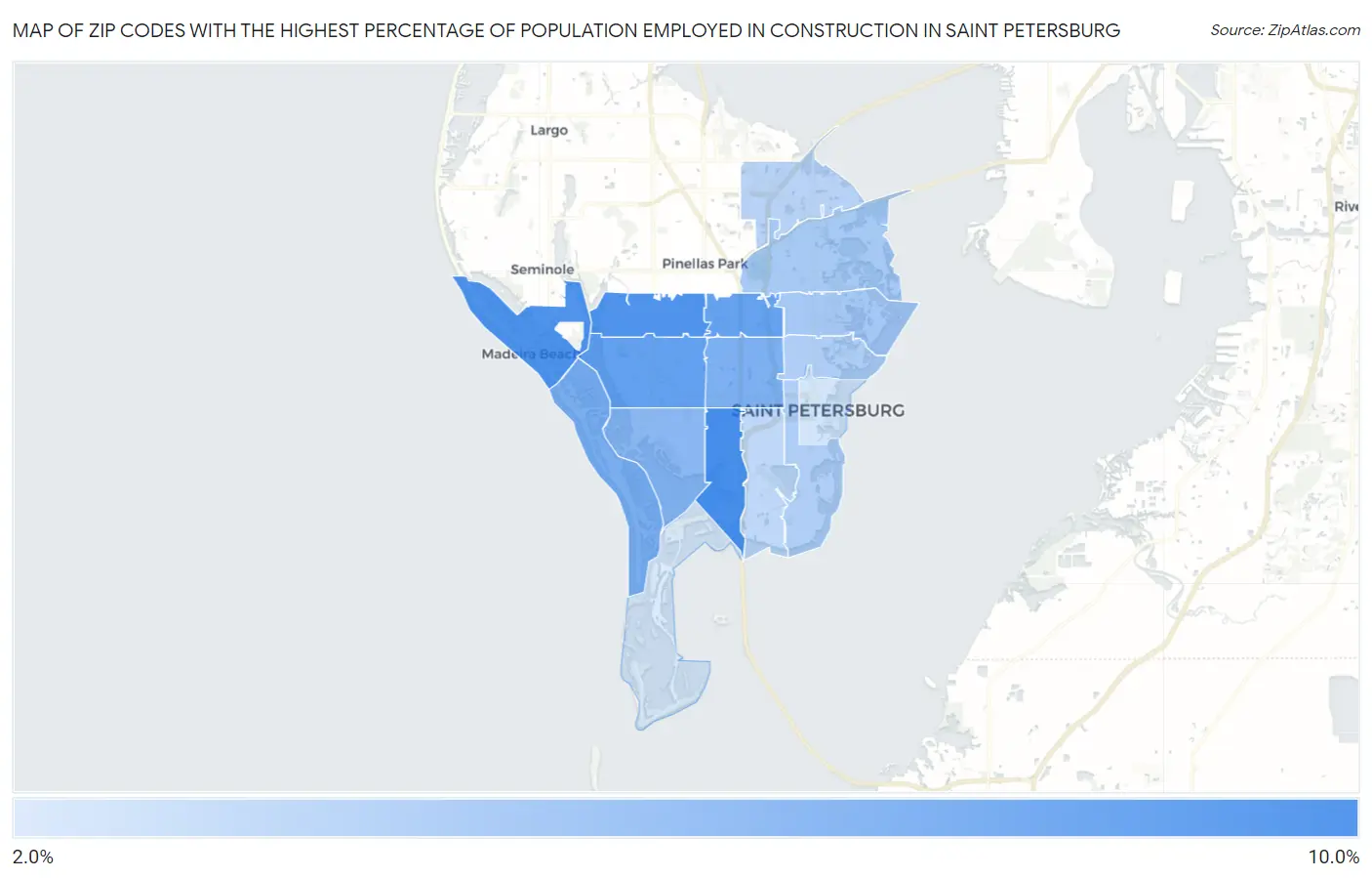 Zip Codes with the Highest Percentage of Population Employed in Construction in Saint Petersburg Map