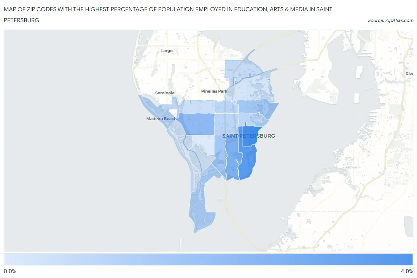 Zip Codes with the Highest Percentage of Population Employed in Education, Arts & Media in Saint Petersburg Map