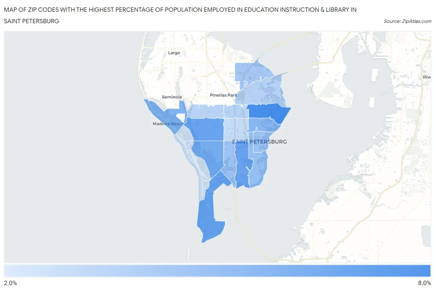 Zip Codes with the Highest Percentage of Population Employed in Education Instruction & Library in Saint Petersburg Map