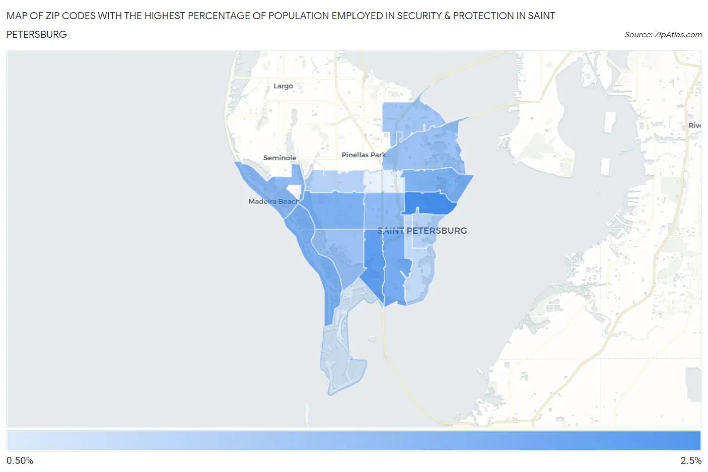 Zip Codes with the Highest Percentage of Population Employed in Security & Protection in Saint Petersburg Map