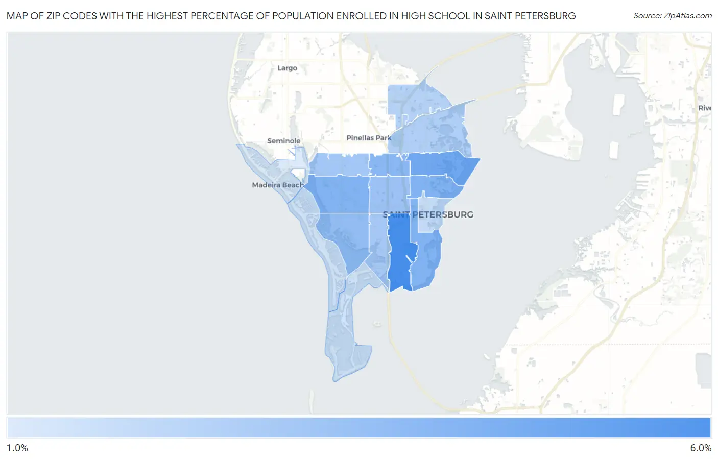 Zip Codes with the Highest Percentage of Population Enrolled in High School in Saint Petersburg Map