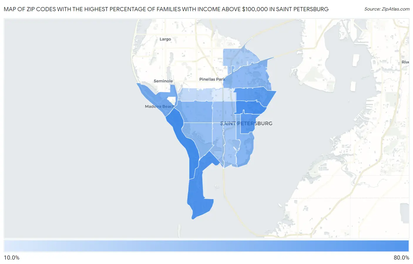 Zip Codes with the Highest Percentage of Families with Income Above $100,000 in Saint Petersburg Map