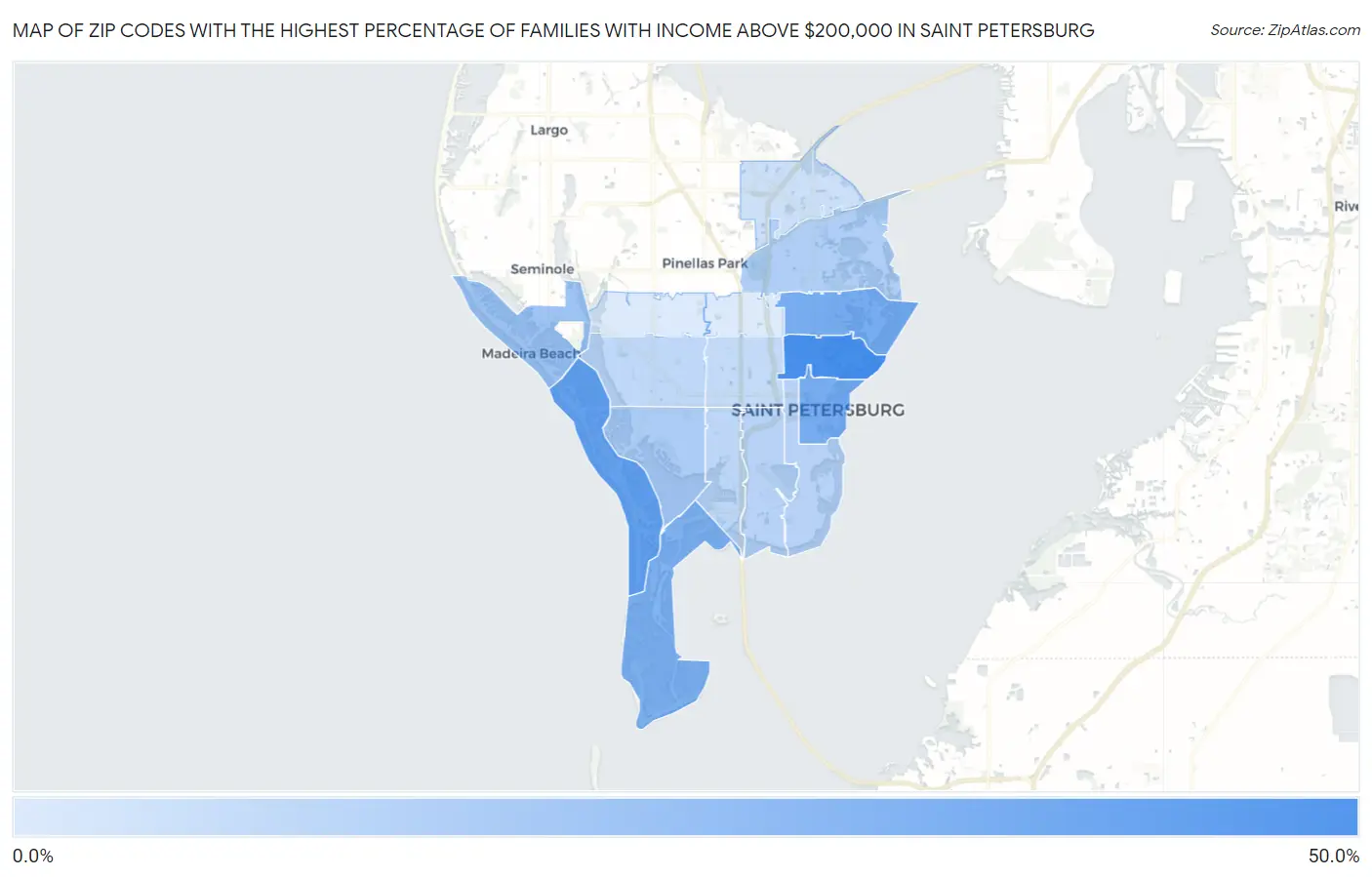Zip Codes with the Highest Percentage of Families with Income Above $200,000 in Saint Petersburg Map
