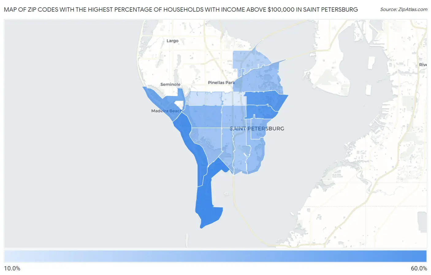 Zip Codes with the Highest Percentage of Households with Income Above $100,000 in Saint Petersburg Map