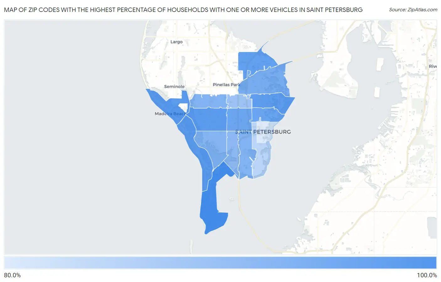 Zip Codes with the Highest Percentage of Households With One or more Vehicles in Saint Petersburg Map