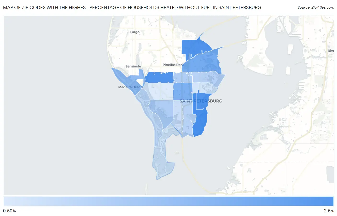 Zip Codes with the Highest Percentage of Households Heated without Fuel in Saint Petersburg Map