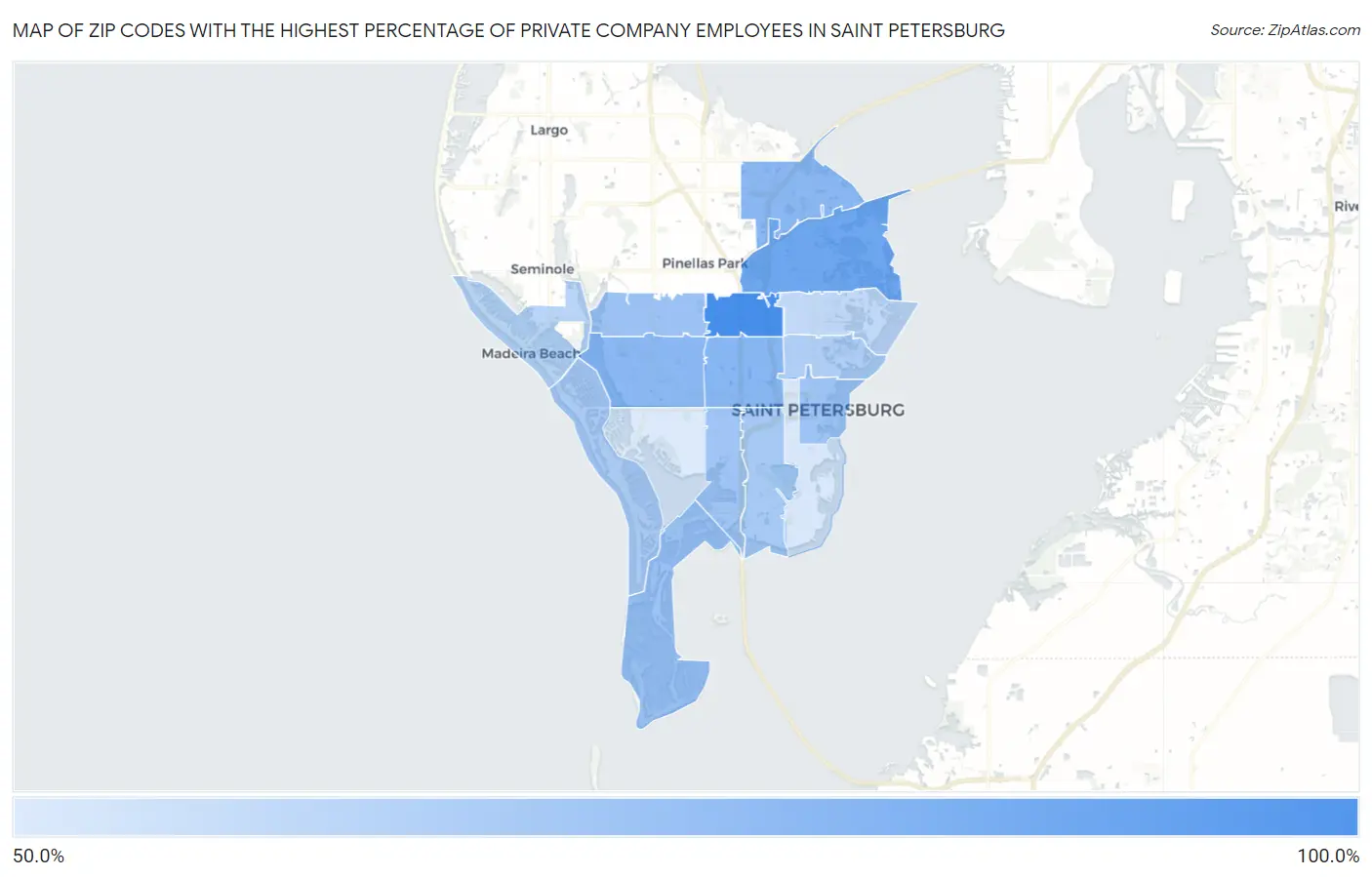Zip Codes with the Highest Percentage of Private Company Employees in Saint Petersburg Map
