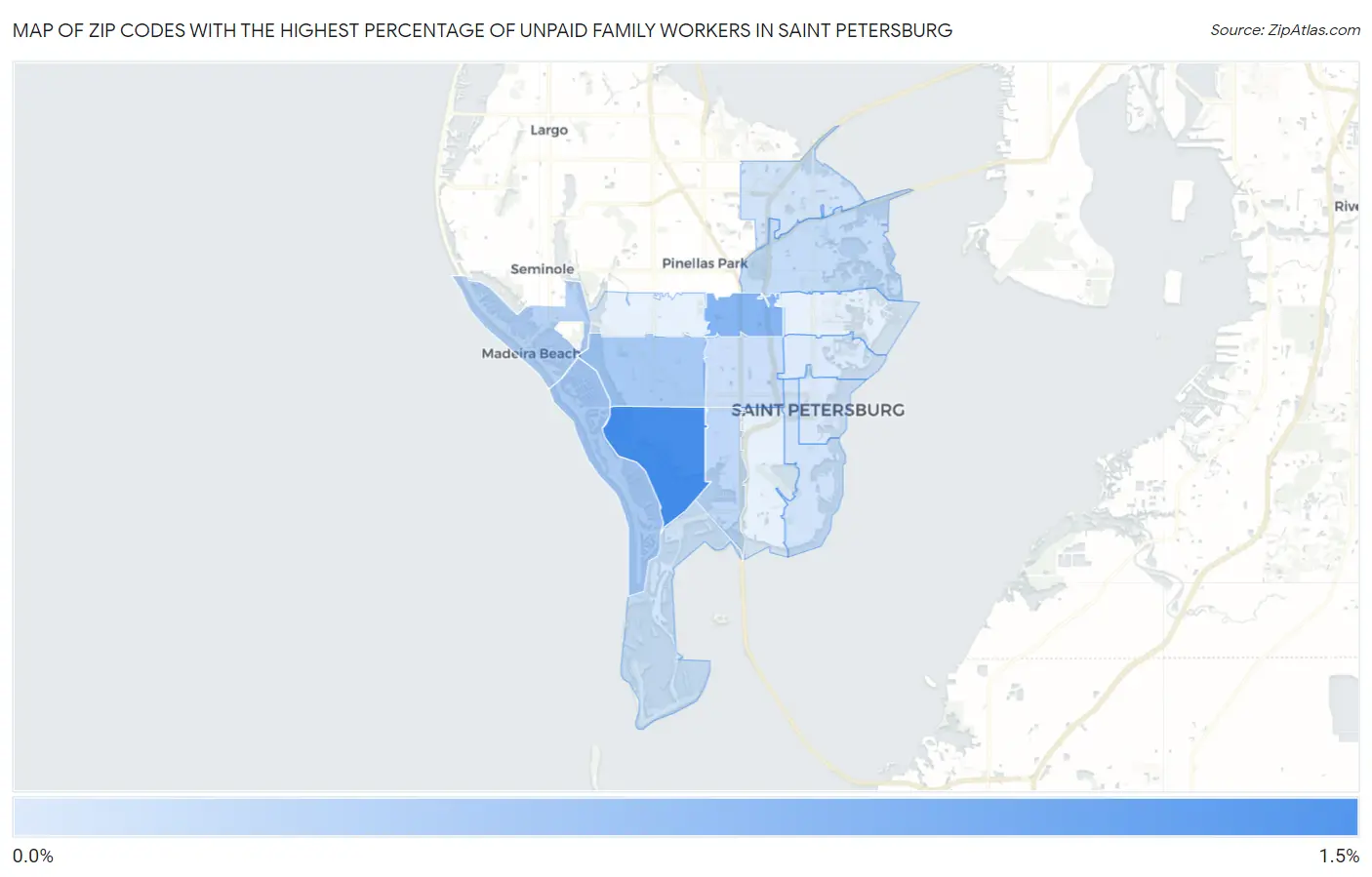 Zip Codes with the Highest Percentage of Unpaid Family Workers in Saint Petersburg Map