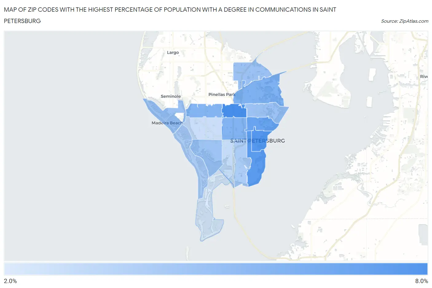 Zip Codes with the Highest Percentage of Population with a Degree in Communications in Saint Petersburg Map