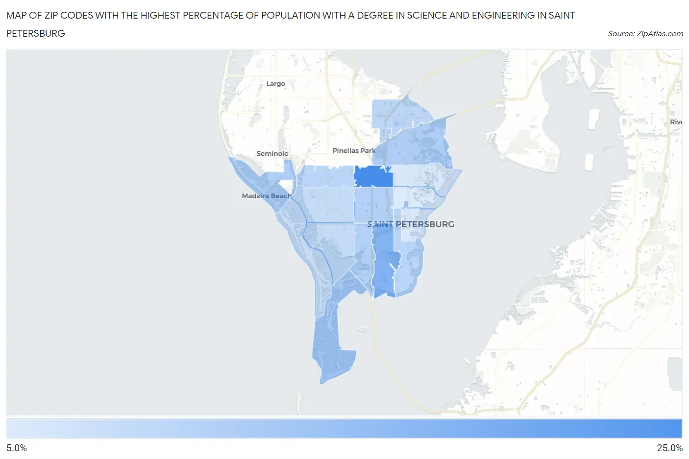 Zip Codes with the Highest Percentage of Population with a Degree in Science and Engineering in Saint Petersburg Map