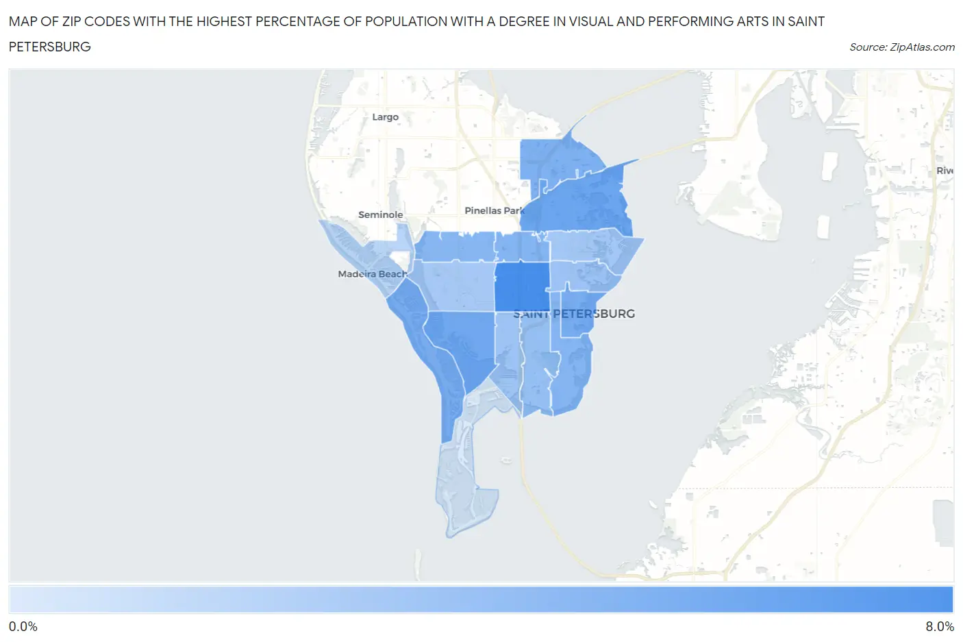 Zip Codes with the Highest Percentage of Population with a Degree in Visual and Performing Arts in Saint Petersburg Map