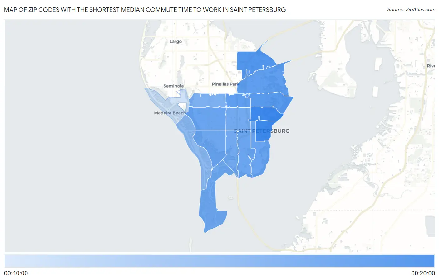 Zip Codes with the Shortest Median Commute Time to Work in Saint Petersburg Map