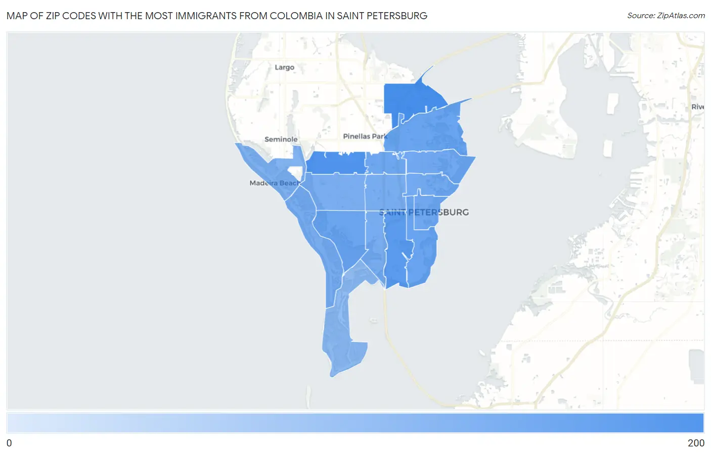 Zip Codes with the Most Immigrants from Colombia in Saint Petersburg Map