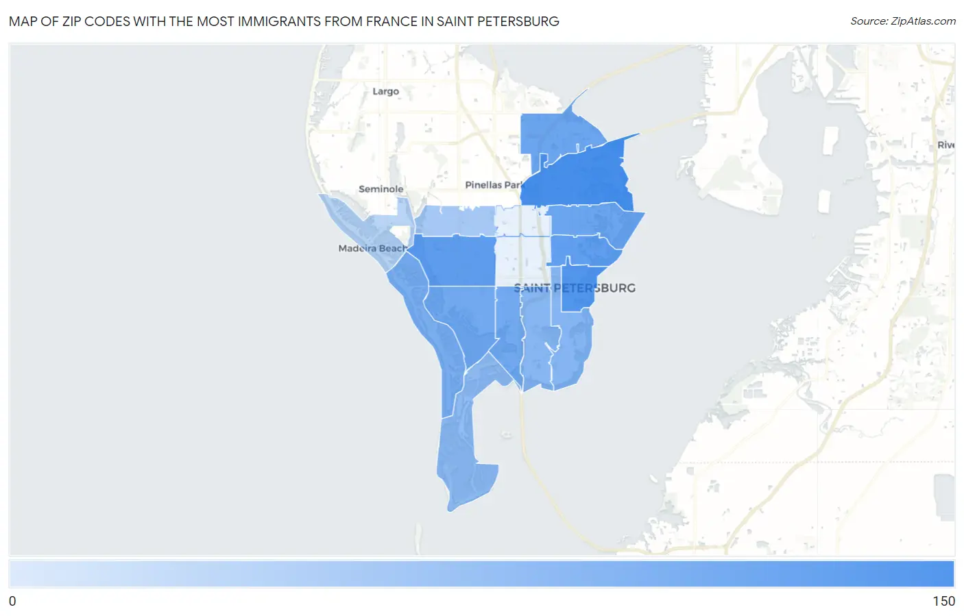 Zip Codes with the Most Immigrants from France in Saint Petersburg Map
