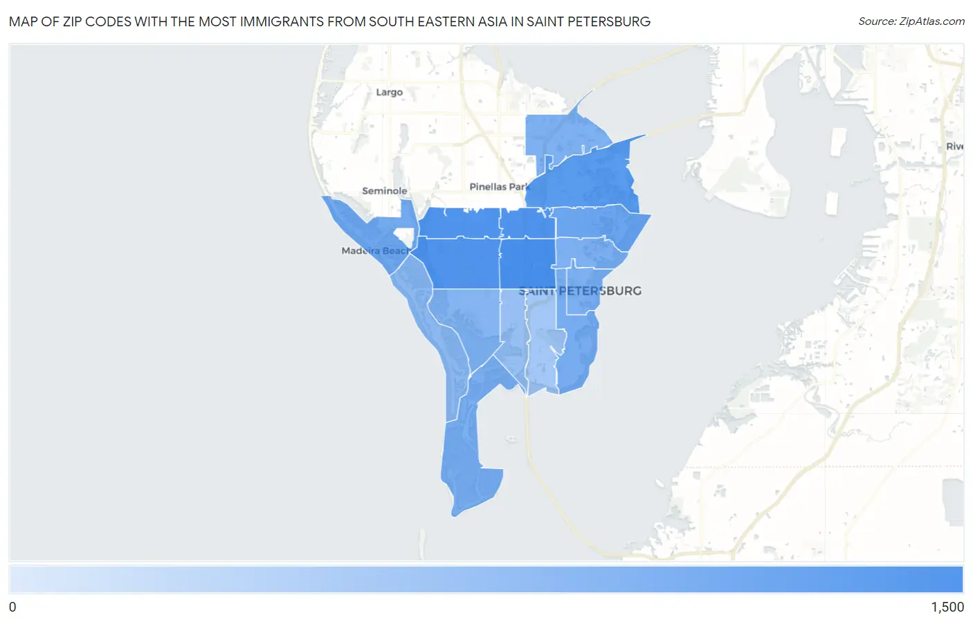Zip Codes with the Most Immigrants from South Eastern Asia in Saint Petersburg Map