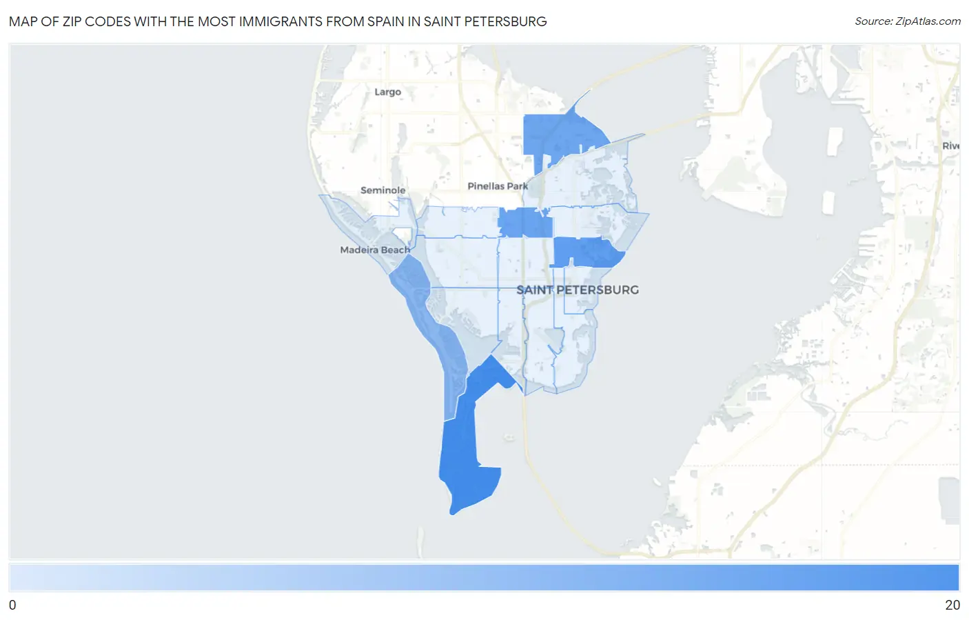 Zip Codes with the Most Immigrants from Spain in Saint Petersburg Map
