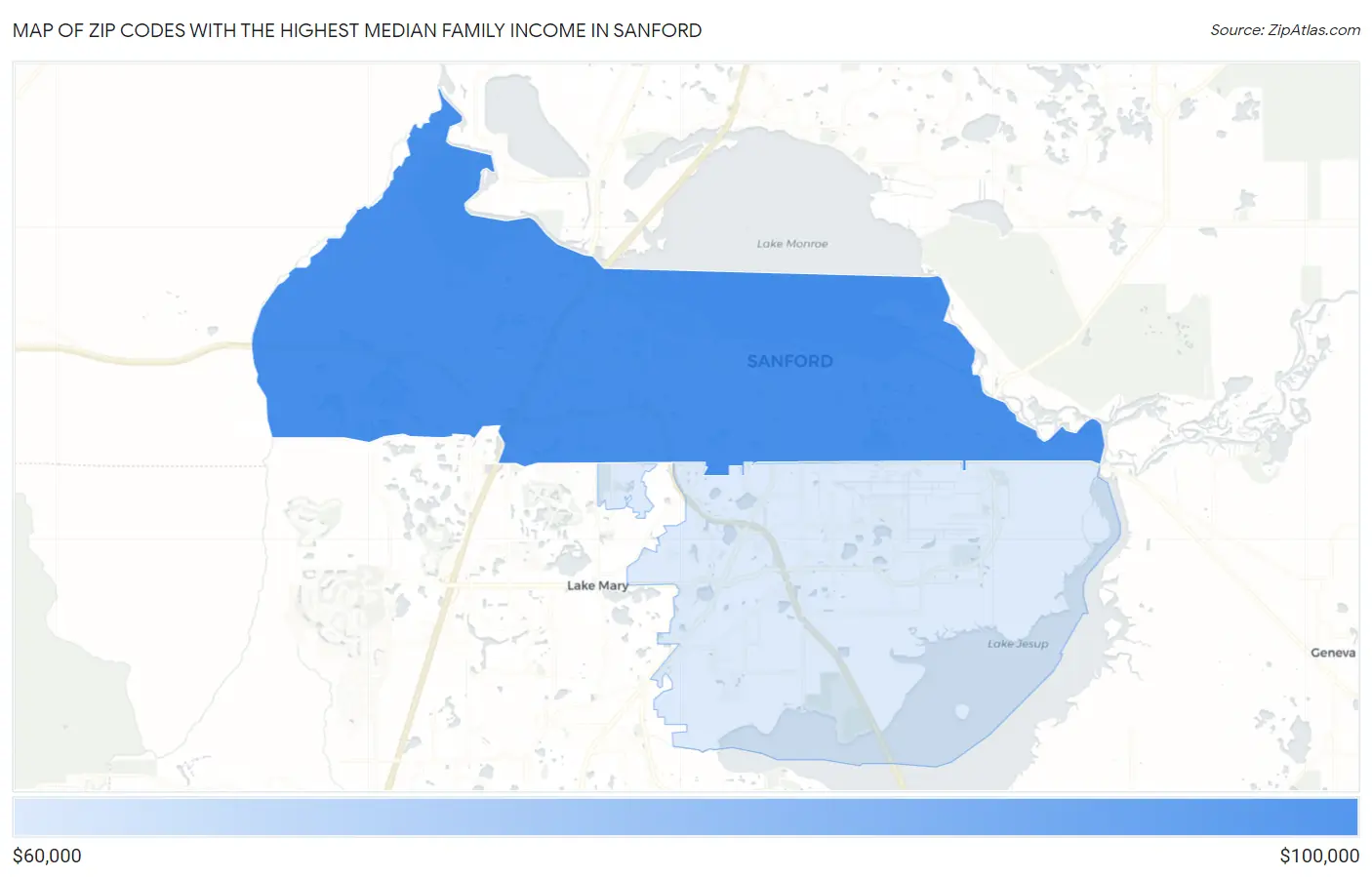 Zip Codes with the Highest Median Family Income in Sanford Map