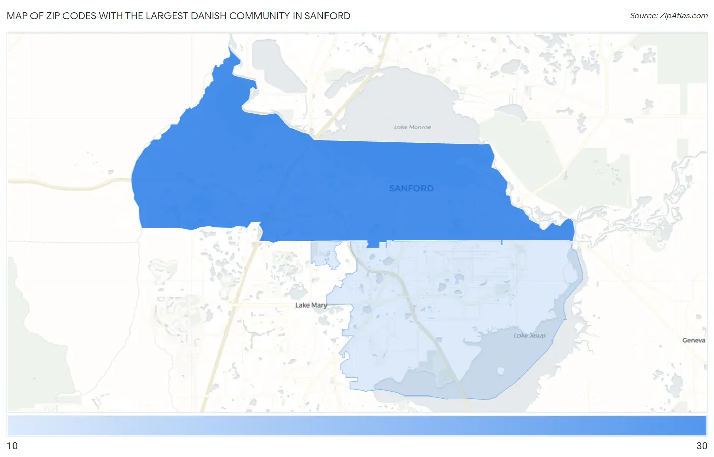 Zip Codes with the Largest Danish Community in Sanford Map