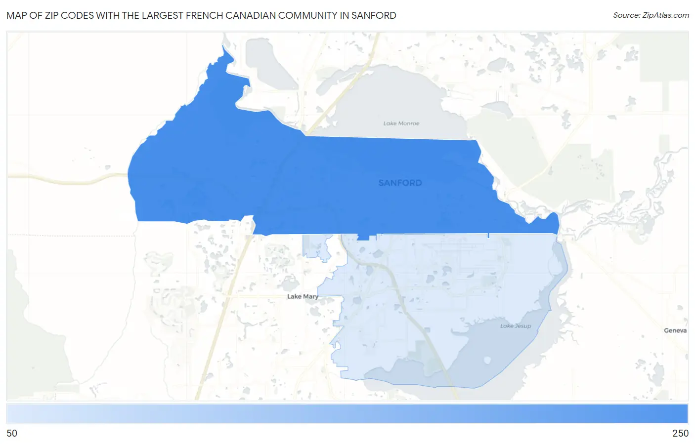 Zip Codes with the Largest French Canadian Community in Sanford Map