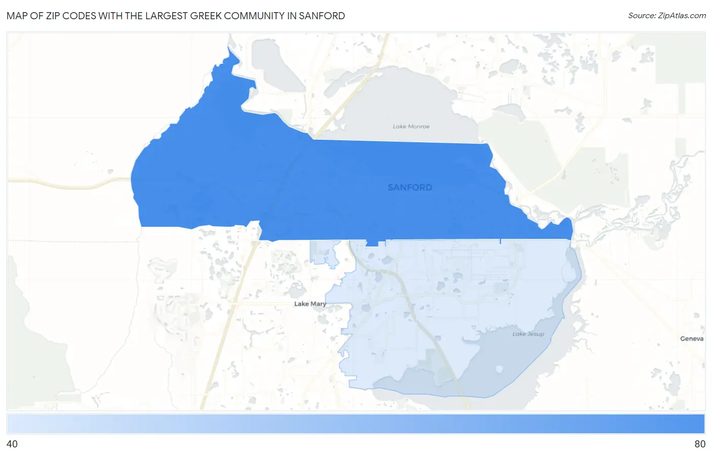 Zip Codes with the Largest Greek Community in Sanford Map