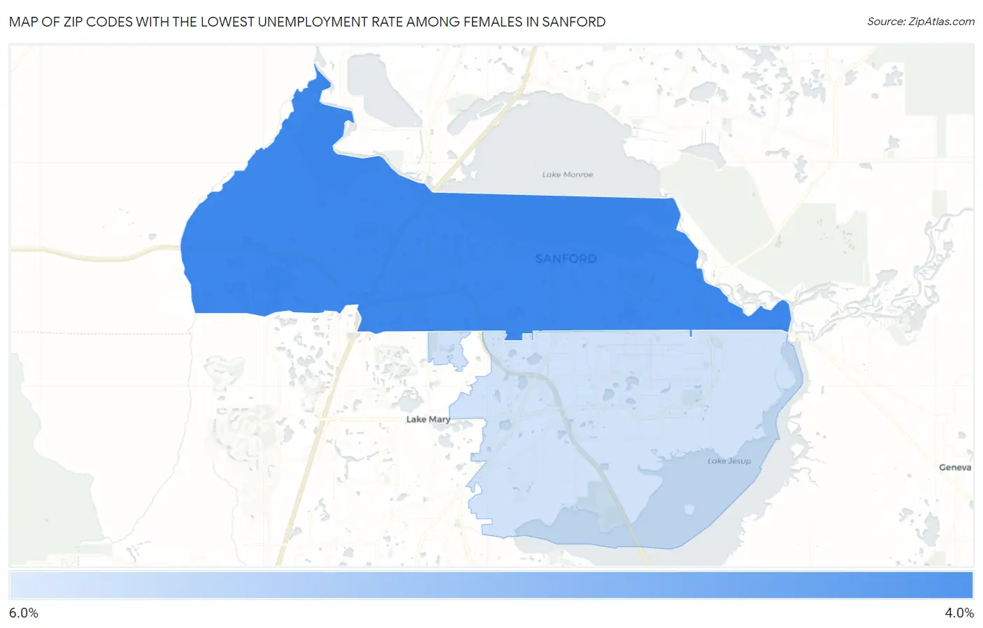 Zip Codes with the Lowest Unemployment Rate Among Females in Sanford Map