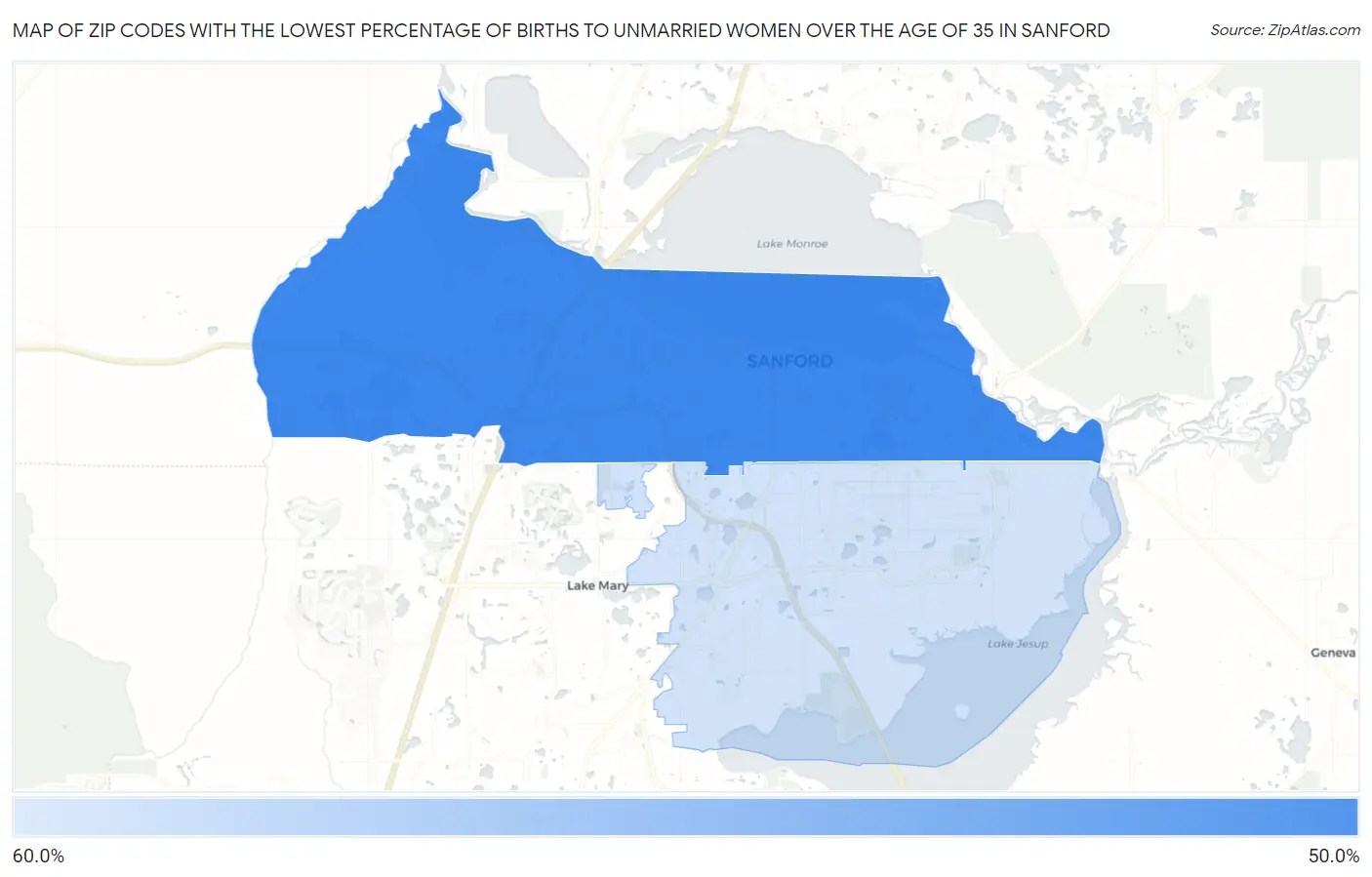 Zip Codes with the Lowest Percentage of Births to Unmarried Women over the Age of 35 in Sanford Map