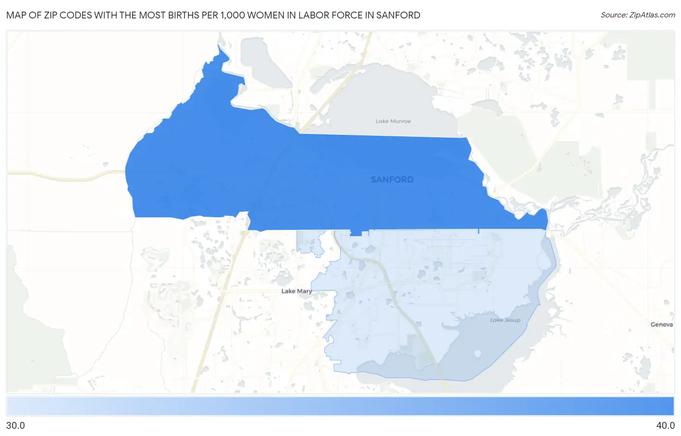 Zip Codes with the Most Births per 1,000 Women in Labor Force in Sanford Map