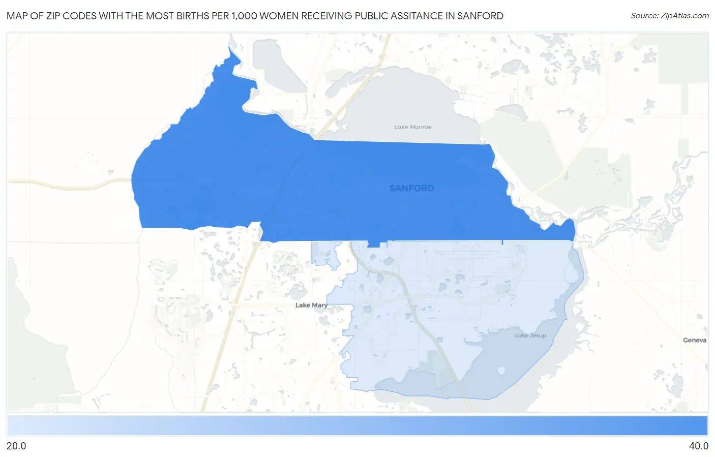 Zip Codes with the Most Births per 1,000 Women Receiving Public Assitance in Sanford Map