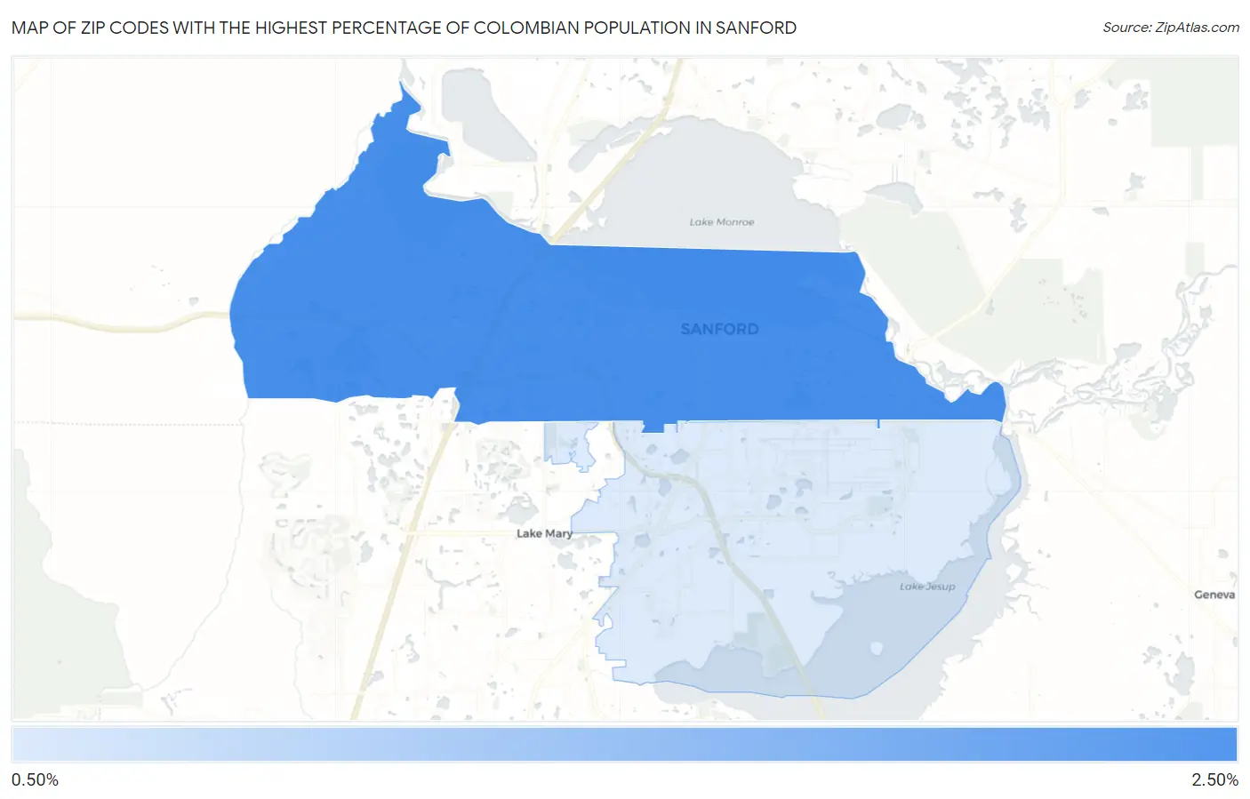 Zip Codes with the Highest Percentage of Colombian Population in Sanford Map