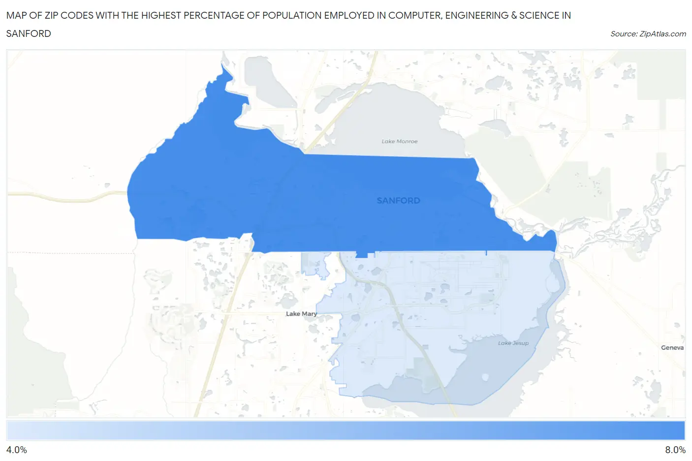 Zip Codes with the Highest Percentage of Population Employed in Computer, Engineering & Science in Sanford Map