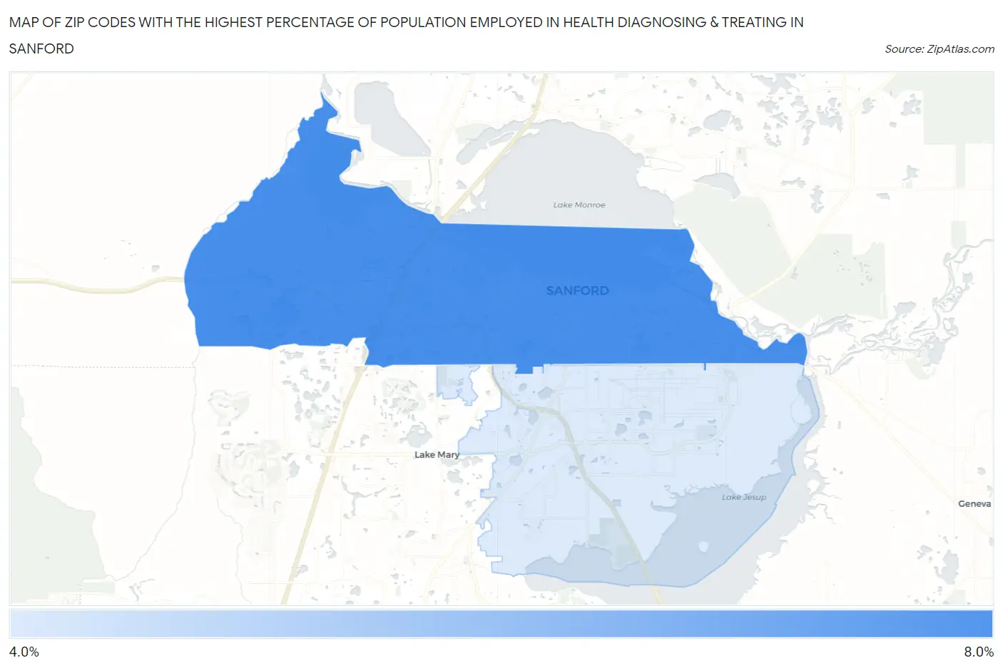 Zip Codes with the Highest Percentage of Population Employed in Health Diagnosing & Treating in Sanford Map