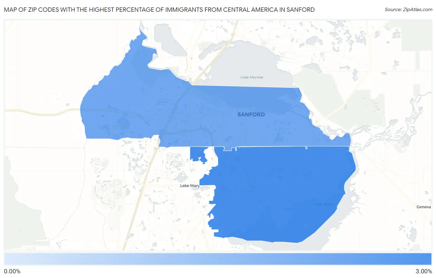 Zip Codes with the Highest Percentage of Immigrants from Central America in Sanford Map