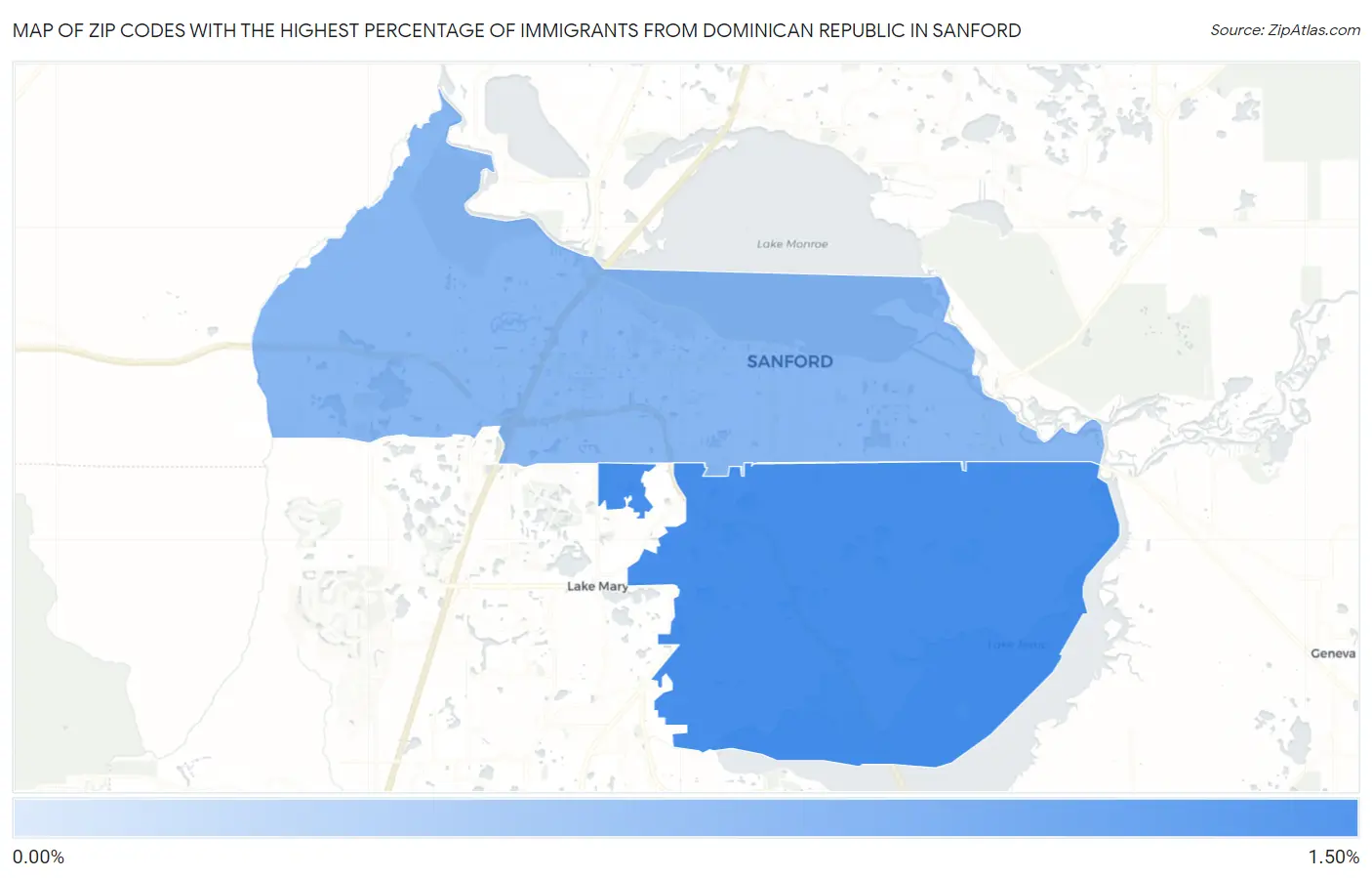 Zip Codes with the Highest Percentage of Immigrants from Dominican Republic in Sanford Map