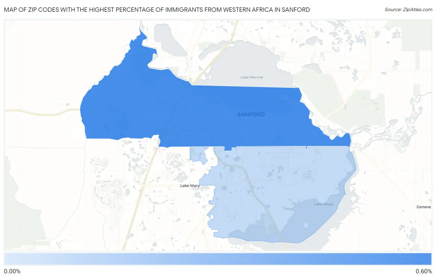 Zip Codes with the Highest Percentage of Immigrants from Western Africa in Sanford Map