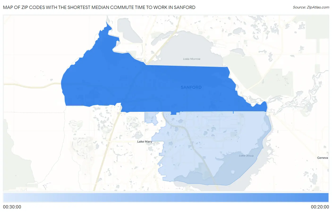 Zip Codes with the Shortest Median Commute Time to Work in Sanford Map