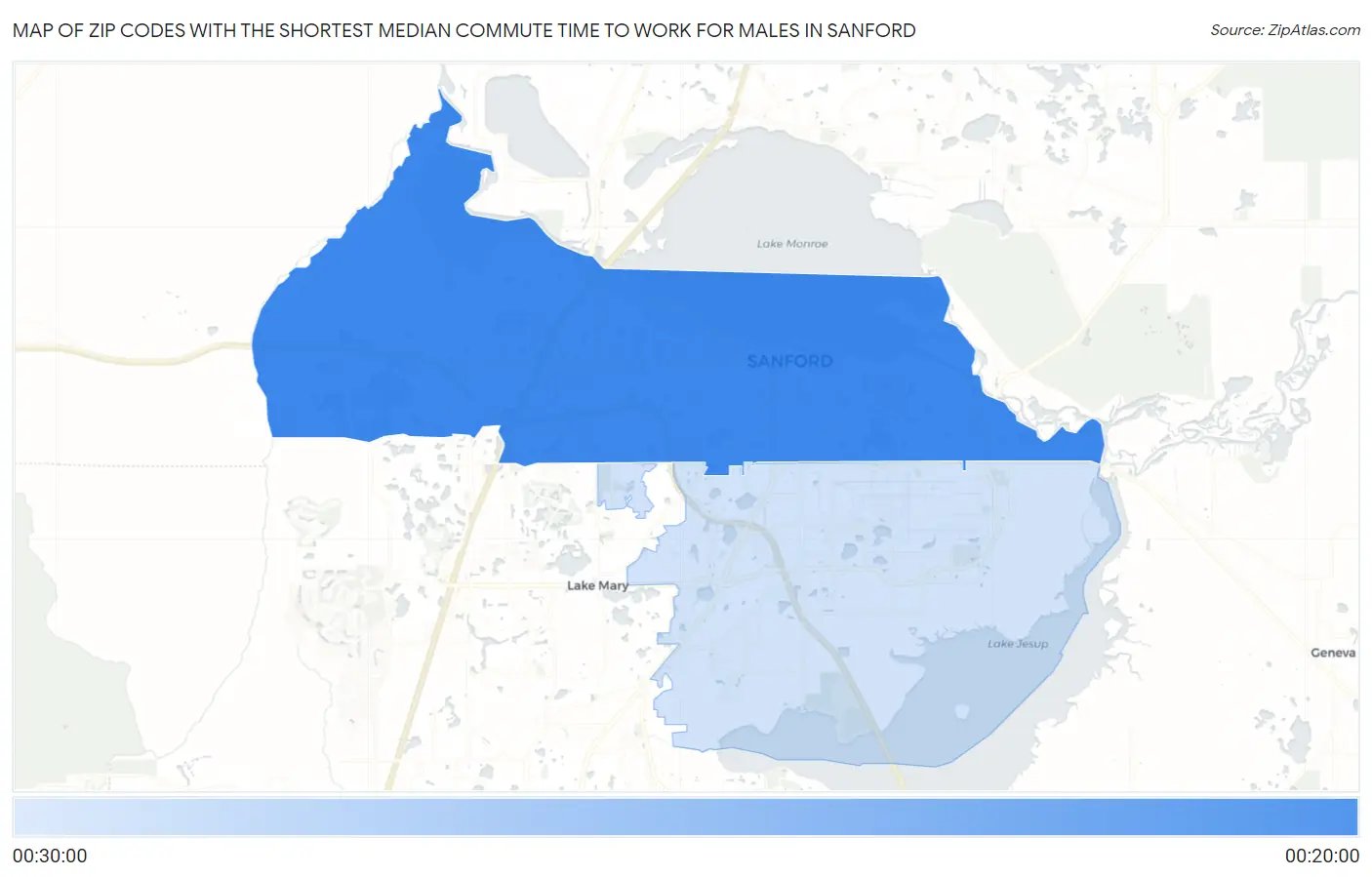 Zip Codes with the Shortest Median Commute Time to Work for Males in Sanford Map