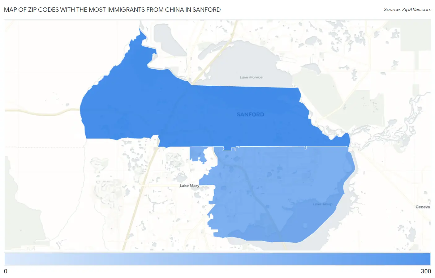 Zip Codes with the Most Immigrants from China in Sanford Map