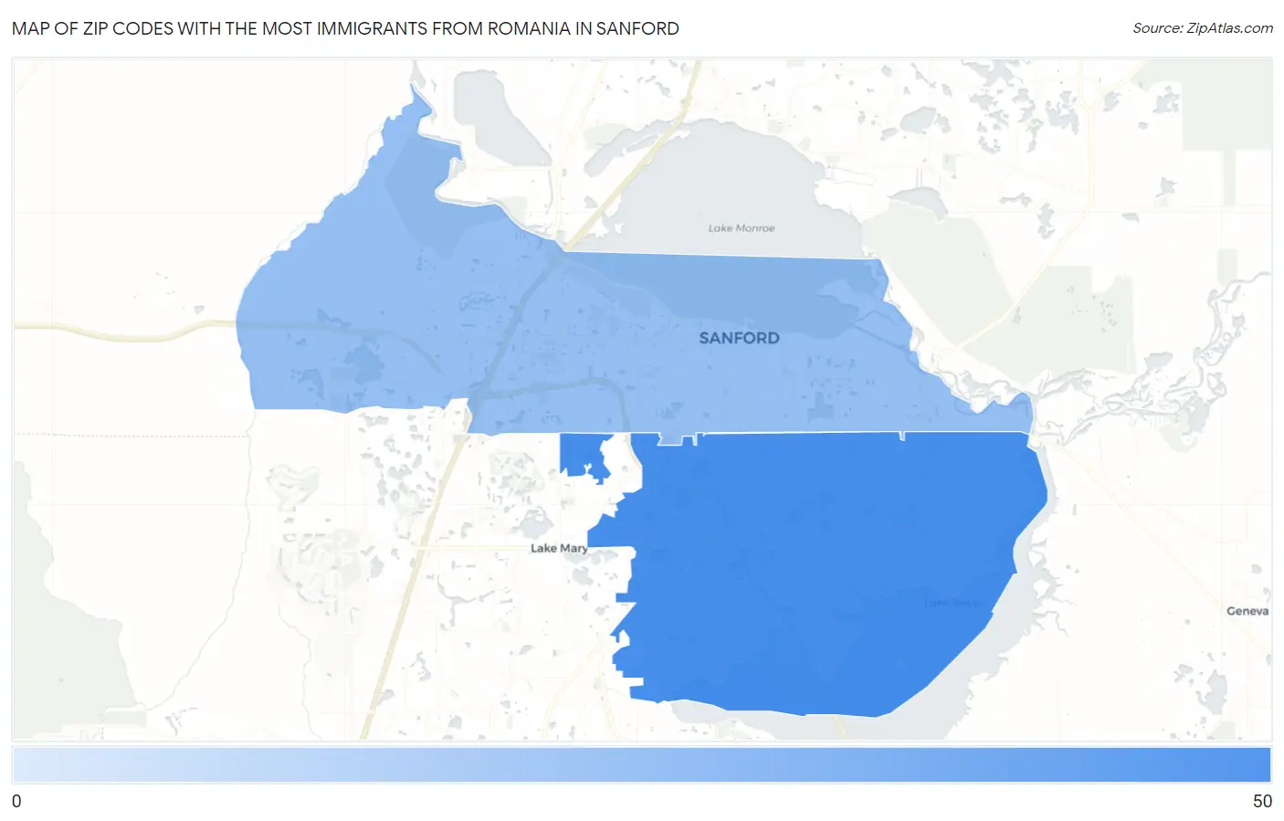 Zip Codes with the Most Immigrants from Romania in Sanford Map