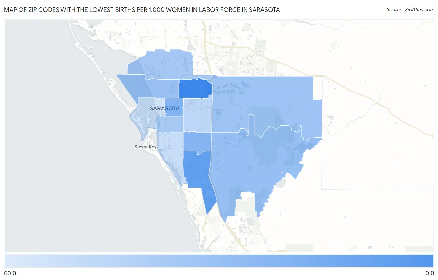 Zip Codes with the Lowest Births per 1,000 Women in Labor Force in Sarasota Map
