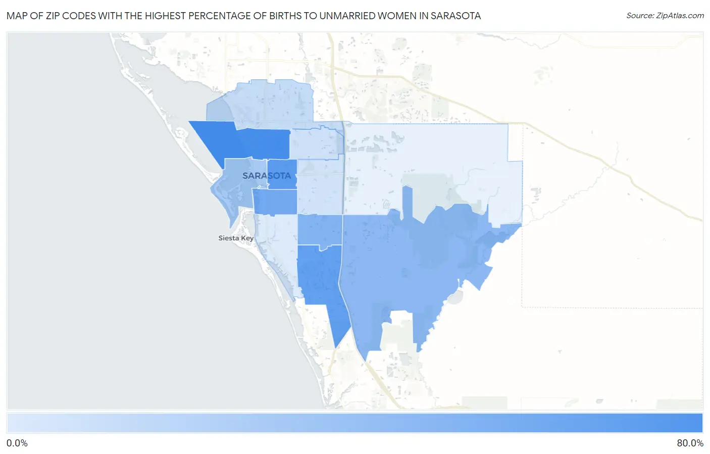 Zip Codes with the Highest Percentage of Births to Unmarried Women in Sarasota Map