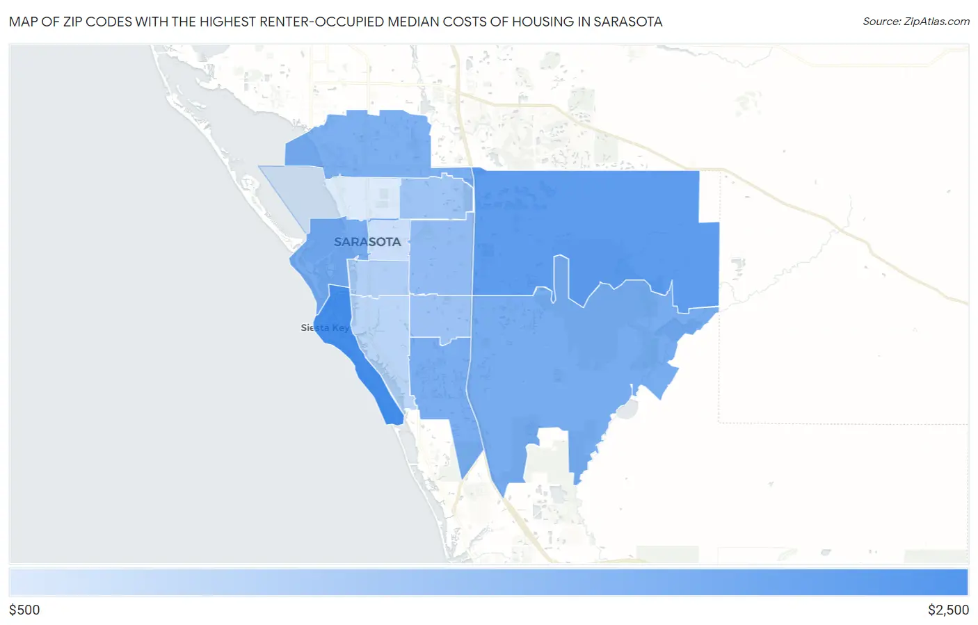 Zip Codes with the Highest Renter-Occupied Median Costs of Housing in Sarasota Map