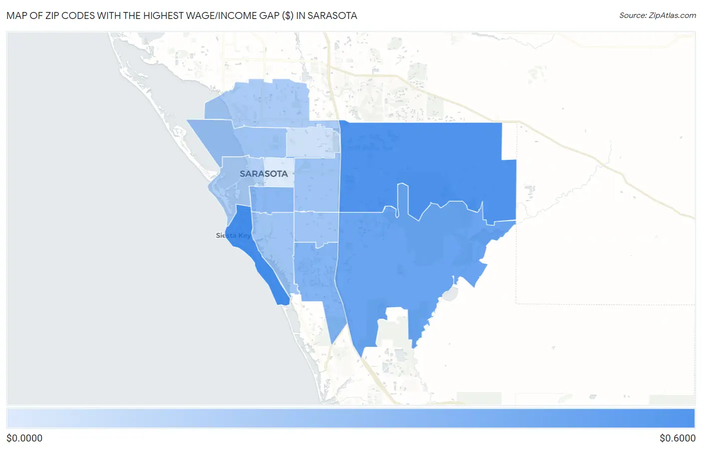 Zip Codes with the Highest Wage/Income Gap ($) in Sarasota Map