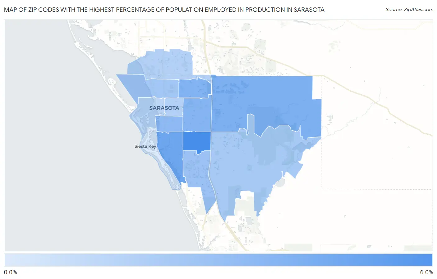 Zip Codes with the Highest Percentage of Population Employed in Production in Sarasota Map