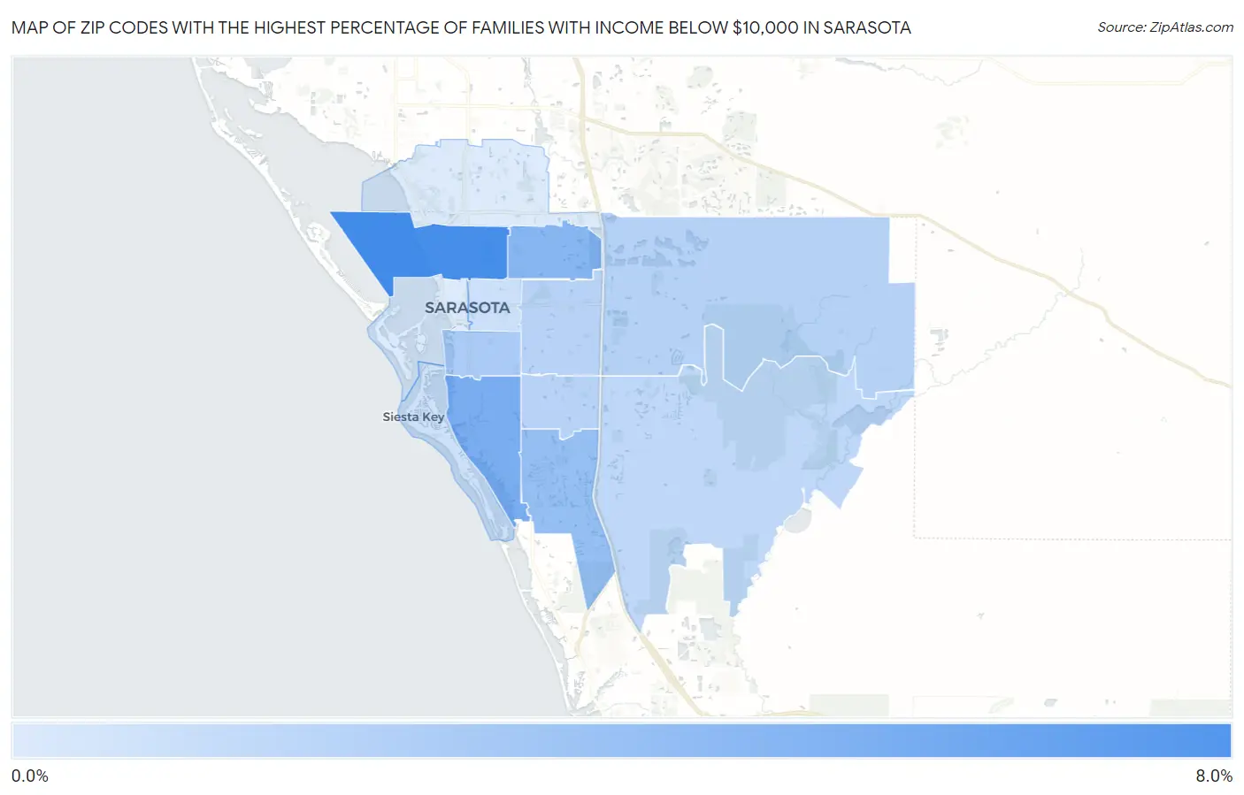 Zip Codes with the Highest Percentage of Families with Income Below $10,000 in Sarasota Map