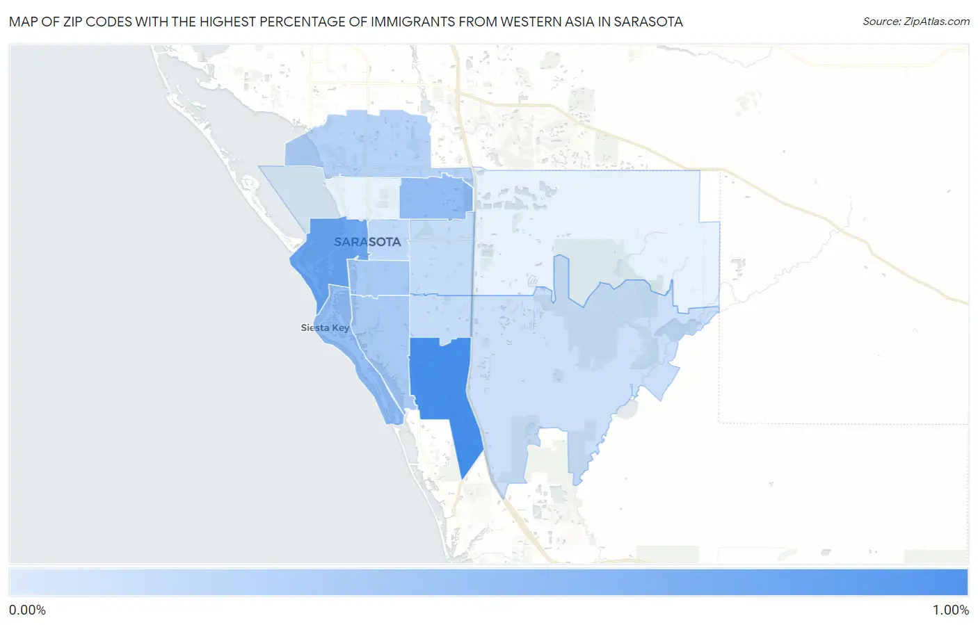 Zip Codes with the Highest Percentage of Immigrants from Western Asia in Sarasota Map