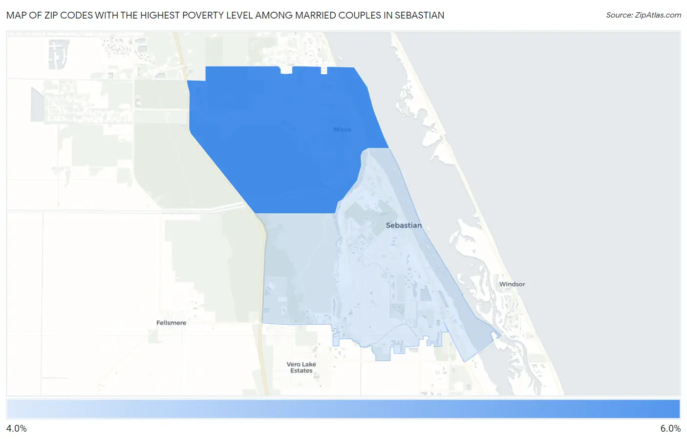 Zip Codes with the Highest Poverty Level Among Married Couples in Sebastian Map