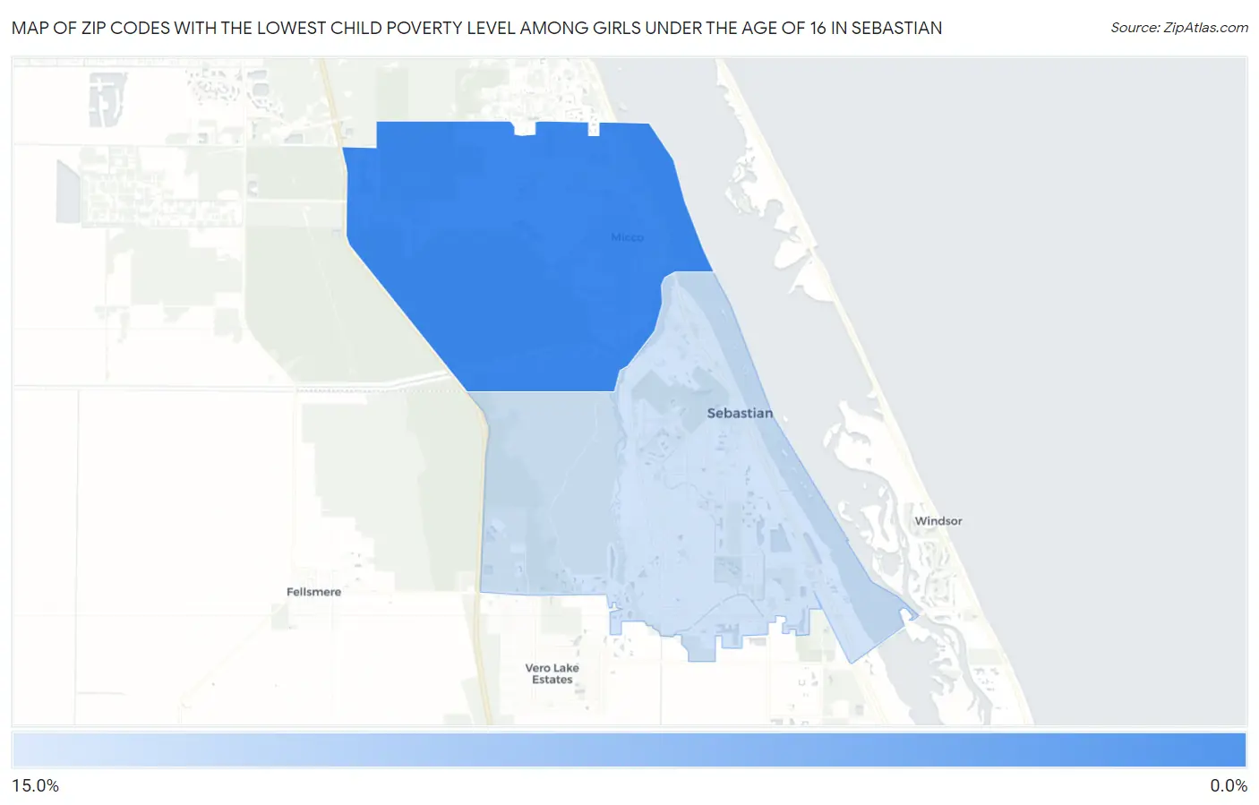 Zip Codes with the Lowest Child Poverty Level Among Girls Under the Age of 16 in Sebastian Map