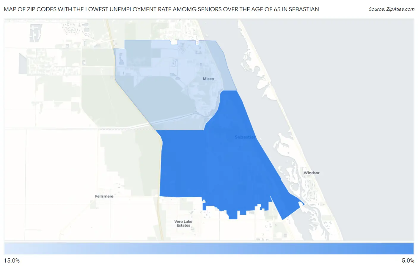 Zip Codes with the Lowest Unemployment Rate Amomg Seniors Over the Age of 65 in Sebastian Map